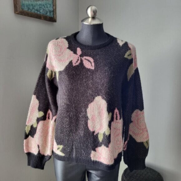 Floral Puff Sleeve Oversized Cozy Sweater Point Zero Womens Sz Medium - Picture 2 of 12